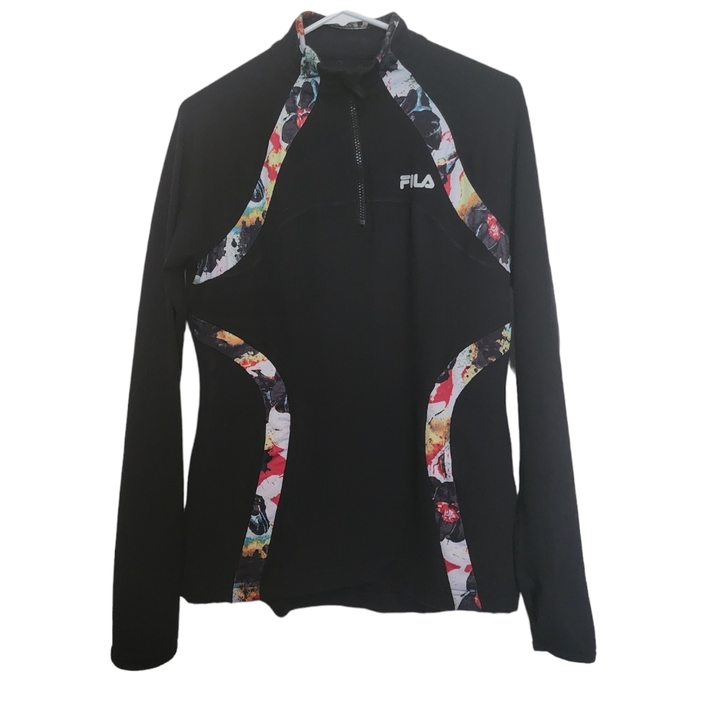 FILA black running print accent quarter zip pullover top  long sleeve SZ Medium